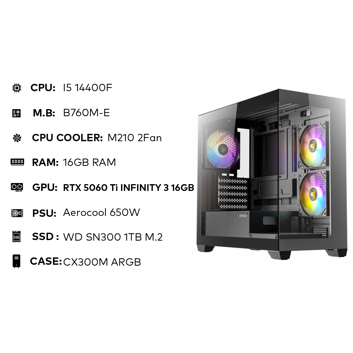 تجميعة مقترحة i5 14400F Gaming PC | 16GB DDR4 | RTX 5060Ti 16GB | 1TB SSD | 650W تجميعة مقترحة i5 14400F Gaming PC | 16GB DDR4 | RTX 5060Ti 16GB | 1TB SSD | 650W